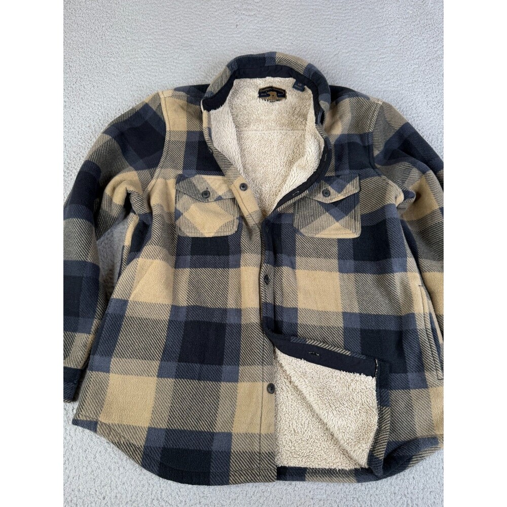 Freedom Foundry Shirt Jacket Men L Beige Blue Plaid Fleece Sherpa Lined Layering